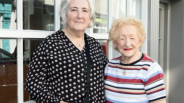 Local ladies Mary Quinlan (left) and Noreen Minihan having a chat along Pearse Street, Clonakilty.  (Photo: Martin Walsh)