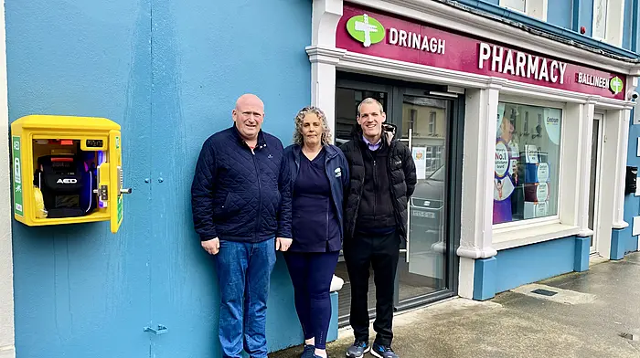Barry Hennessy of Hennessy Transport Ltd. Sponsor of the AED unit at Drinagh Pharmacy with Trish Whyte and Michael Hurley representing Drinagh Pharmacy Ballineen sponsor of renewing all the needs of the 2 AED units recently installed.