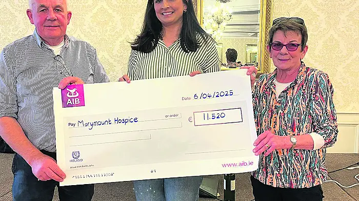 A recent bingo fundraiser in aid of Marymount Hospice, and remembering the late Steve Rixon, was held at the West Cork Hotel. Billy and Frances Newman presented a cheque of €11,520 to Minnie McKenna, a nurse at Marymount Hospice. The organising committee expressed thanks to all those who supported the event.