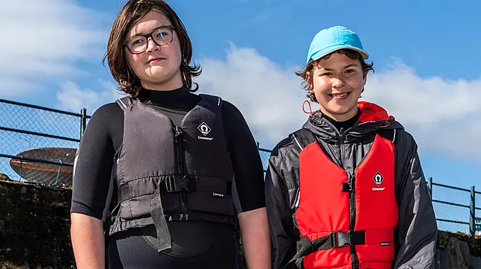 Bantry, West Cork, Ireland. 21st Apr, 2025. On a warm and sunny Bank Holiday Monday, Bantry Bay Boat Hire organised an Easter Teen Adventure 3-Day Camp. David Pavlik, Czech Republic and Oisín Huna from Bantry are pictured just before spending a morning kayaking in Bantry Bay. Picture: Andy Gibson.