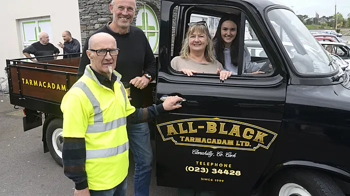 At the Bandon Vintage Club’s spring run at Kevin O'Leary’s was (from left) Peter O'Sullivan (event organiser) with Michael Murphy, Noreen Walsh (Bandon Day Care Centre), and Ciara Murphy.  (Photo: Denis Boyle)