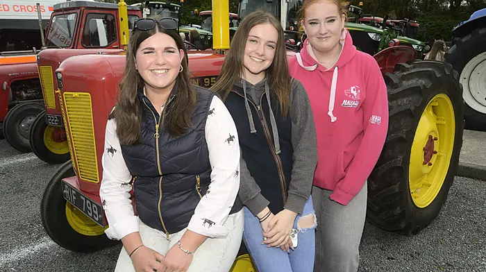Lucy O'Connor (Bantry), Amelia Kingston (Dunmanway), and Ella Wilson (Bandon) enjoying time together at the Bandon Grammar School’s tractor, truck and vintage run.  (Photo: Denis Boyle)