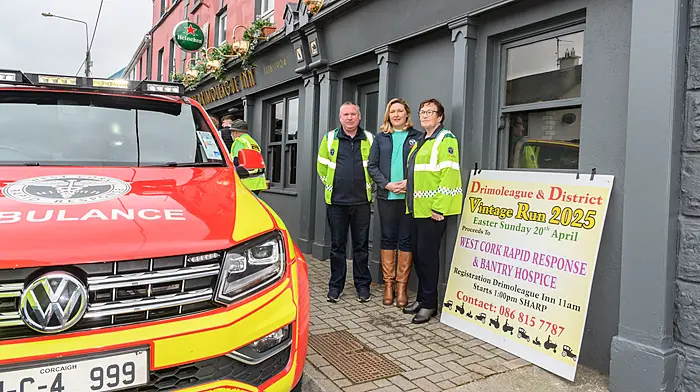 Liam Slattery (The Pike), Amy Enright (Drimoleague) and Betty Hennessy (Ballinascarthy) of West Cork Rapid Response at the Drimoleague tractor, truck and car run which was held in aid of West Cork Rapid Response and Bantry Hospice.  (Photo: David Patterson)