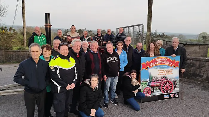 At the launch of the Innishannon Steam and Vintage Rally were Robert O'Leary raffle ticket seller organiser; Frances Murphy community garda Bandon; John Kelleher rally president; Martin O'Leary major ticket seller; Martin Desmond rally chair; PJ Ryan and Bill O'Sullivan, treasurers; Mary Desmond and Siobhan Cullinane, secretaries; and Natalie McCormack, Irish Cancer Society fundraising administrator for Cork.