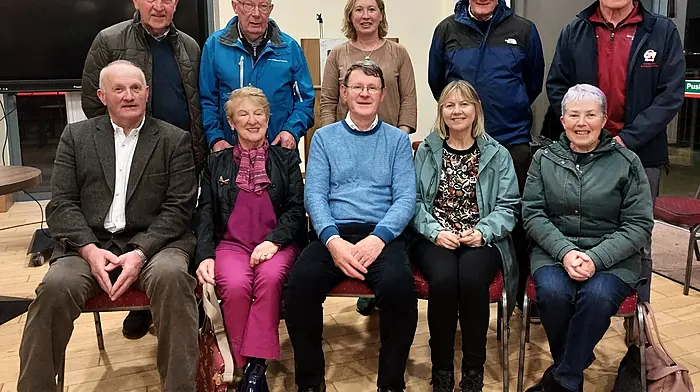 Over 100 people attended the talk by Fachtna McCarthy of Dúchas Clonakilty Heritage on Lady Mary Carbery of Castlefreke, at the GAA pavilion last week. Included were (standing, from left): Michael O'Mahony, Michael O'Sullivan, Rachael Cronin, Don Hill, and Seán Brennan. Seated (from left): Tim Feen, Barbara McGuirk, Fachtna McCarthy (guest speaker), his wife Catherine, and Margaret McBride.