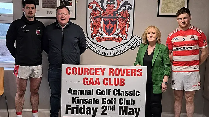 At the launch of the Courcey Rovers annual golf classic were (from left): Sean Twomey (captain), Paul Nyhan (Nyhan Motors), Mairead McCarthy (sponsor,  Insulex, and Kevin Collins (captain, Courcey Rovers junior hurlers). Missing from the photo are sponsors Ross Oil, Kitty O’Shea’s and Stryker.