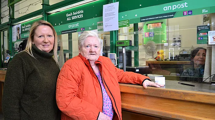 Ann-Marie and Margaret O'Donoghue at Skibbereen Post Office on Friday morning before it closed at its traditional premises and makes the move to its new premises at the Dringah Euro Spar.   (Photo: Anne Minihane)