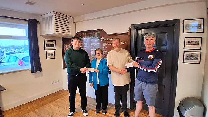O’Donovan Rossa GAA club congratulated Philomena and Finbarr McCarthy on their recent lotto win when they picked up their prizes. From left: Matthew Salter, Philomena McCarthy, Finbarr McCarthy, and David Keohane.