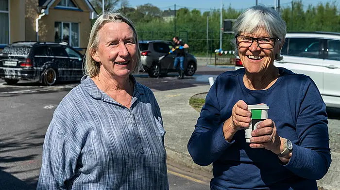Left: Andrew Sweetnam 'working at the carwash' for the Abbeystrewry National School fundraiser. Right: Locals Bernadette O'Riordan and Diana Pitcher supporting the fundraising carwash. (Photos: Andy Gibson)