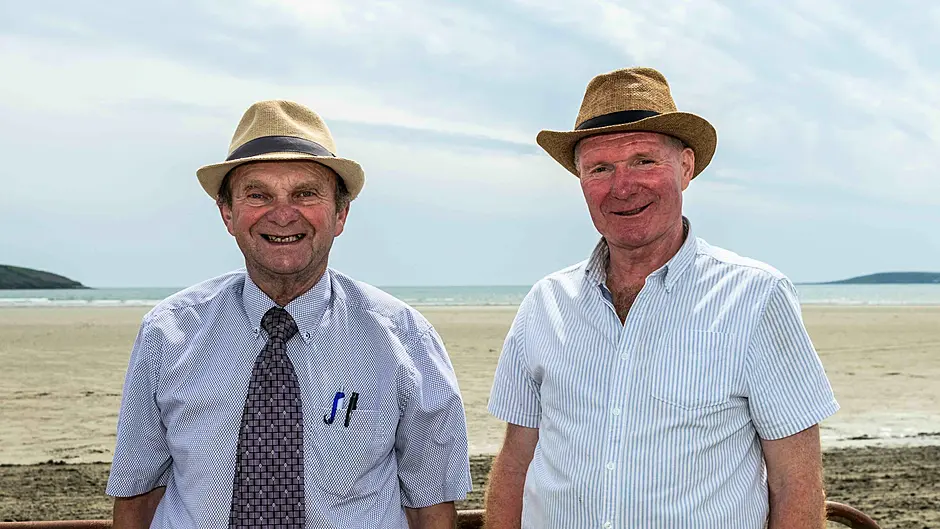 Jerry O'Mahony, Reenascreena with John O'Neill, Clonakilty, at the first harness racing meeting of the year at Harbour View beach. (Photo: Andy Gibson)