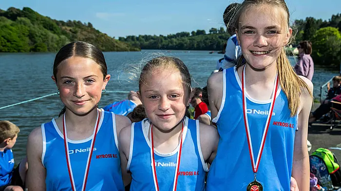 Kilmacsimon, West Cork, Ireland. 10th May, 2025. Kilmacsimon Rowing Club held a coastal rowing regatta on Saturday last. Teams from across West Cork competed in what was called a 'fun' regatta. Fresh from winning their race were Myross Rowing Club rowers Ruby Cahalane; Ella O'Donovan and Katie Browne. Picture: Andy Gibson.