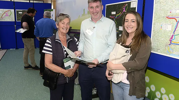 NEWS 6/5/2025 Pictured at the Greenways openday roadshow at Riverview Shopping centre Bandon was Margerat Lehane and her daughter Orla Nolan and baby Daisy Nolan with Ronan Grealy of RPS Engineering. Picture Denis Boyle