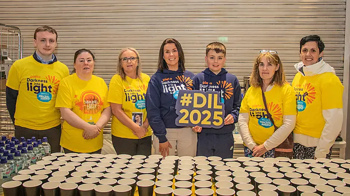 Stewards and Helpers, (L to R), David Treacy, Claire Lucey O’Sullivan, Cathy O’Regan, Liz Bryan, Cahal Bryan, Deirdre O’Reilly and Susan Nyhan pictured at the refreshment stand at the Darkness into Light walk in Bandon.