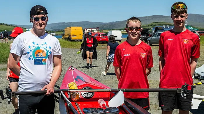 The Bantry Coastal Sculling Regatta took place at the aerodrome in Bantry today, with teams from all over West Cork competing. David Lynch; Peter Crowley and Matthew Nixon of Kilmacsimon RC. Picture: Andy Gibson.