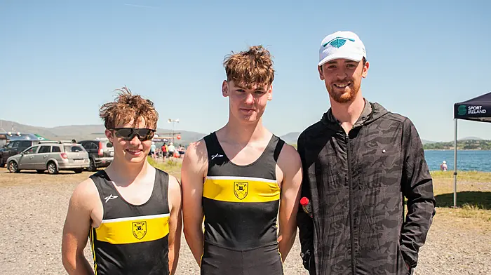 Pictured from left Daniel O'Sulliva, Connor Kelly and Noel Quinlan from Ring rowing club at the Bantry endurance regatta 2025. Credit: Karlis Dzjamko