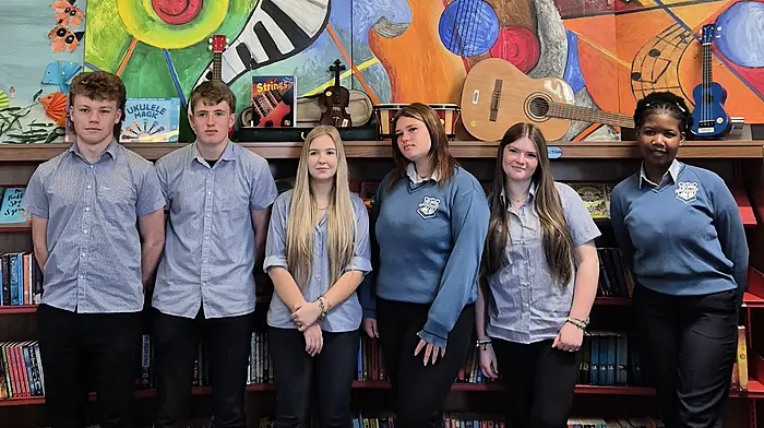 Transition Year students from Coláiste Pobail created an attractive mural for Bantry Library’s music themed space. Included are some of the students who worked on the project with Mr Leonard Graham from the College’s Art Department: Joe Murnane, Callum O’Donoghue, Nicol Lenczuk, Valerija Buseveca, Katelyn Kingston, and Keisha Paradza,