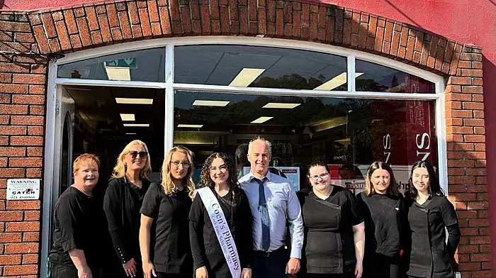 Ann Kingston, Susan Moloney, Aine Burke, Marie Barrett, Eoin Deasy, Ciara Hurley, Clodagh Ring and Katelynn Crowley all wishing Marie Barrett the best in her venture. Marie will be representing Bantry at this year’s Cork Rose of Tralee selection in the Rochestown Park Hotel on Sunday June 1st. She is kindly being sponsored by her boss Eoin Deasy from Coens Pharmacy, Bantry.