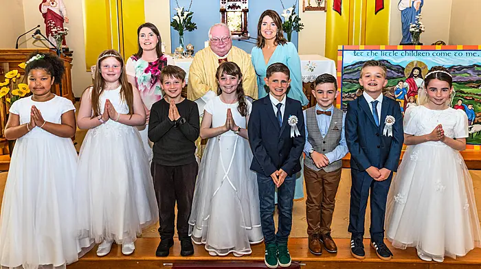 Children of Trafrask and Adrigole Schools celebrated their First Holy Communion with their Michelle Tobin (teacher),  Fr Martin Sheehan, Louisa O’Donoghue (teacher), Harriet Fasanya, Amy Crowley, Panas Fedorchuk, Rìona Carey, Paudie O’Grady, Jamie Lynch, Fionn O’Donoghue and Lucy Lynch. (Photo: Anne Marie Cronin)