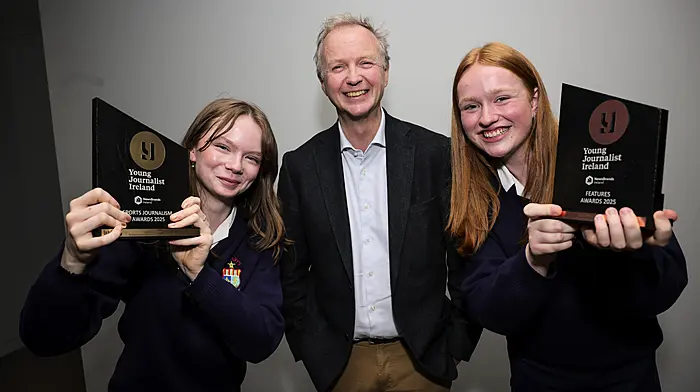 Jessica Murphy and Rachel Twomey, both of St Mary’s Macroom, who were award winners at the recent Young Journalist Ireland awards. Jessica won first prize in the sports journalism category for her article on male dominance within the high levels of equestrian sport. Rachel, meanwhile, took third prize in the features category for her piece, Silent Mode - A Week Without my Phone.  (Photo: Chris Bellew)