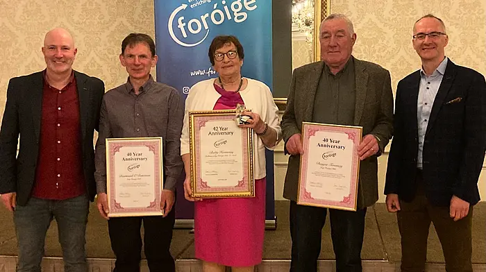 At the Foróige service awards ceremony were John Dennigan (RYO Foróige),  Diarmuid O'Donovan (Leap), Betty Hennessy (Ballinascarthy), Den Joe Twomey (Leap) and Denis O'Brien (development manager, Foróige)