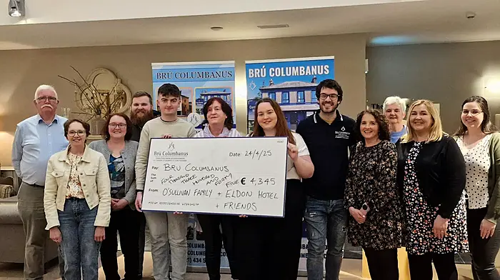 Breda, Caoimhe and Mikey O’Sullivan expressed thanks to everyone who supported the ‘Mick The Finest’ darts tournament which was held at the Eldon Hotel in early February. The event was a major success and raised €4,345 for Bru Columbanus. Thanks was expressed to the Eldon Hotel and Cian O’Mahony, Wesco who donated prize money and trophies and to everyone who supported the fundraiser in any way. The event was held in memory of the late Mick O’Sullivan.