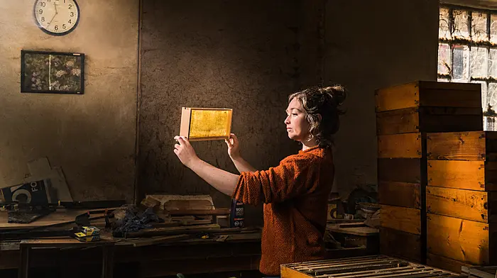 Beekeeper Rebecca Newenham of Coolmore Bees checking her hives while doing routine maintenance at her workshop in Carrigaline on the eve of World Bee Day last week. (Photo: David Creedon)