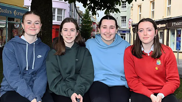 Aideen O'Sullivan (Clonakilty), Aoibhín O'Brien (Clonakilty), Rebecca Nyhan (Timoleague) and Sofia McCarthy (Clonakilty) out and about in Astna Square on their last day of school before the summer holidays.  (Photo: Martin Walsh)