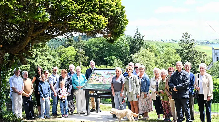 The new vista sign erected at the top of the steps leading to the church is a Tidy Towns project that received a grant to complete. The artistic work was done by Oksana Vorontovas, a Ukrainian native who lives in Timoleague. The sign was launched after mass last Sunday.