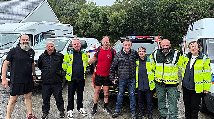 Members from the West Cork Rapid Response during the Beara Way Challenge last week were Dr Jason van der Velde, Mick Lynch, Liam Slattery, Eamon Barry, Paschal Sheehy (RTÉ), Kate Crowley, Shane Buckley and Betty Hennessy.