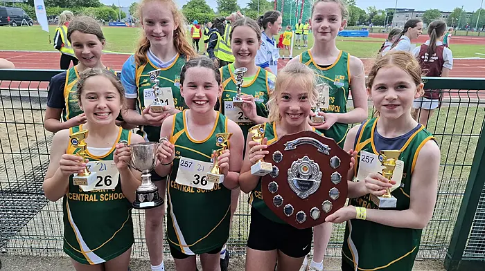 The successful St Mary's Central School junior and senior girls’ relay teams who won gold and silver at the Cork City Sports, which helped secure the overall top school award in their division. Back: Ola Bak, Lucy O'Sullivan, Ella Murray and Laoise Conroy. Front: Moya Hennessy, Lauren O'Mahony, Zoe O'Sullivan and Michaela O'Sullivan.