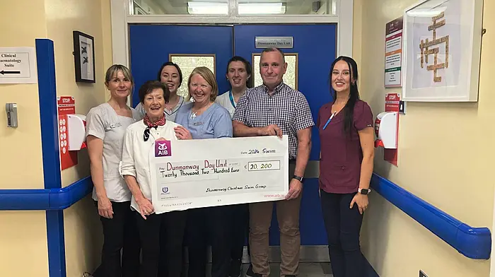Dunmanway Christmas Swim committee members Kathleen Farrell and Tim Buckley, with members of staff at the Dunmanway Day Unit in Cork University Hospital, where they presented the funds raised at the annual Christmas swim held at Inchydoney on Christmas Day. Absent from the photo are committee members Eileen Lyons, Karen Farr, Niamh Hayes and Mairead McCarthy.