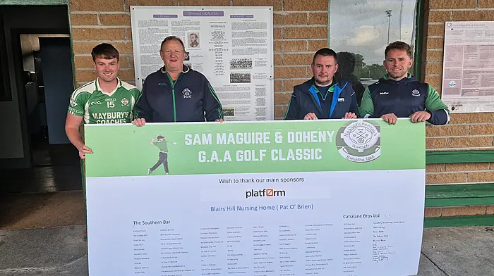 Fionn Herlihy, Mark Farr (chairman, Doheny GAA), Henry Duggan (treasurer, Doheny GAA) and Mark Buckley showcasing the list of sponsors for the upcoming Sam Maguire and Doheny GAA golf classic which will be held this weekend.