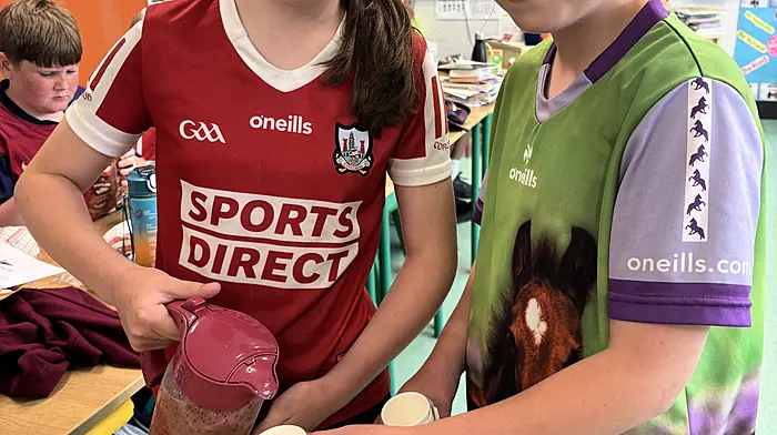 Sophie Connolly and Ellen Collins at Rath National School with one of the winning smoothie recipes made at the end of Active Week.