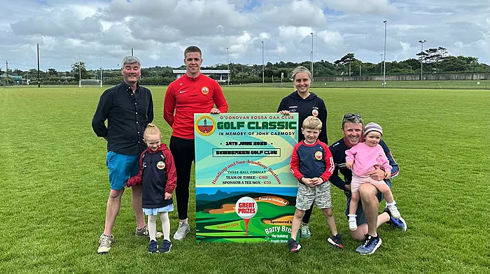 Darren Daly (senior men’s captain) and Laura O’Mahony (senior ladies captain) launched the O’Donovan Rossa golf classic which will be held on June 14th.  At the launch were: David Keohane, Darragh Keohane, Darren Daly, Laura O'Mahony, Art Keohane, Sean Carmody and Norah Carmody.
