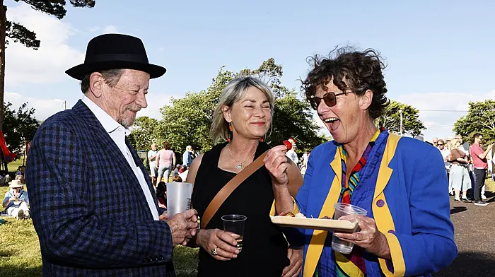 Brendan Conroy, Camilla Griehsel and Carmel Winters enjoying at the launching of Fastnet Film Festival in Schull. (Photo: Carlos Benlayo)