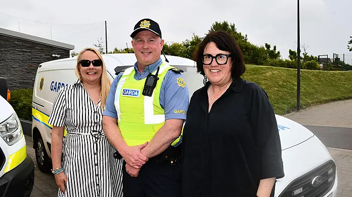 Teachers Orla O'Sullivan and Sarah McCarthy with Garda James Crowley at a safety talk at the school. (Photo: Anne Minihane)