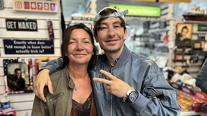 Deirdre Threadgold with Barry Keoghan at The Quirky Pickers shop in Schull; the actor was in town for the Fastnet Film Festival.