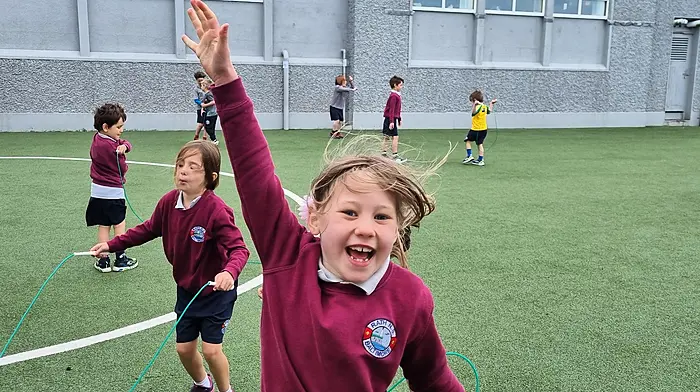 Roisín O’Driscoll, Angela O’Regan and classmates enjoying the ‘skip around Europe’ challenge as part of the Active Week celebrations held in Rath National School.