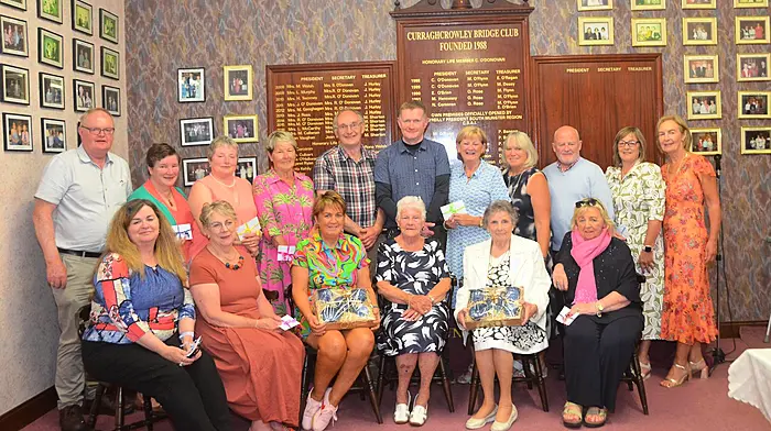 Curraghcrowley Bridge Club held their president Ann Bailey's prize last Wednesday night. Front: Majella Coakley, Freda Creedon, Eithne Lordan (winner) Ann Bailey (president, Curraghcrowley Bridge Club), Mary Callanan (winner) and Margaret O'Donovan.  Back: Gerard O'Driscoll, Paula O'Sullivan, Catherine Cahalane, Moira O'Sullivan, Albert Helen, Jerry O'Mahony, Lucia Murphy, Margaret Ryan, Dermot Lucey, Georgina Deane and Deirdre Moloney.