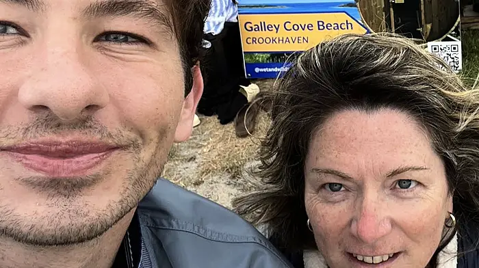 Barry Keoghan with Maura O’Reilly when he stopped in to visit the Wet and Wild Sauna at Galleycove beach.