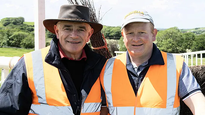 Barryroe's Pat Lawton (left) and Matthew O'Regan were on duty at the first fence at the Clonakilty Point to Point Races at Inchydoney Island last Sunday.  (Photo: Martin Walsh)
