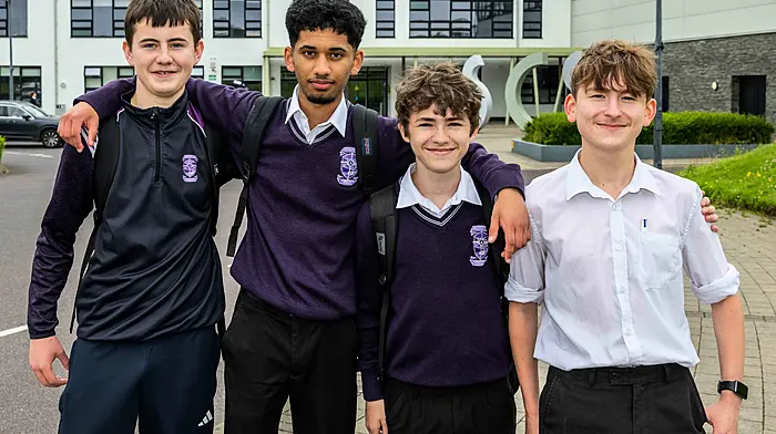 Skibbereen, West Cork, Ireland. 11th Jun, 2025. Skibbereen Community School Leaving and Junior Cert students did more exams today with French for Leaving Cert pupils and Home Economics and Spanish for Junior Cycle students. Pictured before their Junior Cert Spanish exam are Einon Jones; Edwin Viji; Jayden Kelleher and Kuba Tokarcyk. Picture: Andy GIbson.