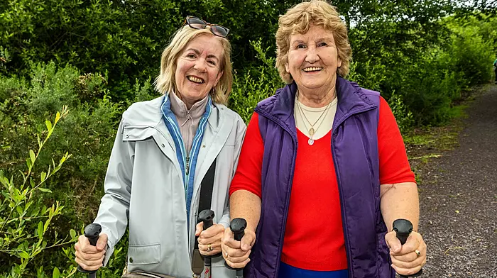 REPRO-FREE: Ballinacarriga, West Cork, Ireland. 6th Jun, 2025. Cork Sports Partnership (CSP) launched a Fitsticks (activator poles) Trail in Ballinacarriga today. Up to 70 people attended the event, which was supported by Cork Sports Partnership and Cork County Council. Taking part in the event were Eileen McCarthy, Dunmanway and Anna O'Donovan, Ballinacarriga. Picture: Andy Gibson.