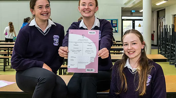 Eleanor Keating, Abbey Caverley and Kate O'Donovan from Skibbereen Community School were all smiles last week after completing their Leaving Cert French exam. (Photo: Andy Gibson)