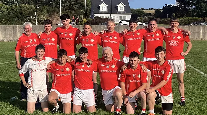 The Urhan junior B team who played Tadgh MacCarthaighs in the Carbery Beara  D4 football league are, back: Johnny Shandon Sullivan, Niall O’Shea, Brandon Early, David Shandon Sullivan, Finbarr Dwyer, Ronan McCarthy, Joe O’Sullivan and Ciaran O’Leary.  Front row: Joseph O’Donovan, Sean Daltun, James Sullivan, Florry Harrington, Donagh Harrington and Ciaran Duggan.
