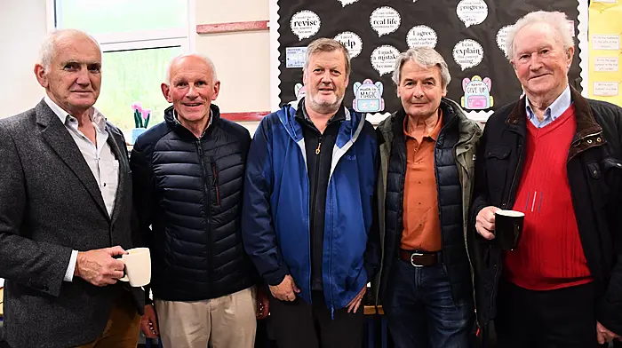 Former pupils of Ardagh Boys National School in Rosscarbery, Michael Paul Hicks (who was a pupil and taught at the school from 1987 – 2020), Finbarr O'Sullivan, Noel Harte and Mike Hodnett (pupils at the school in the early 1970s) and James De Courcey (who attended in the 1950s) at an event at the school last Monday evening. (Photo: Anne Minihane)