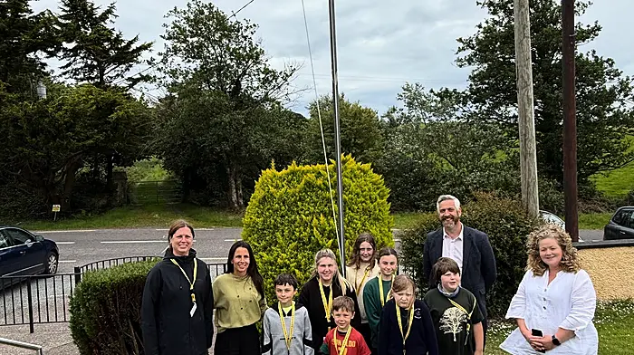 Darrara National School recently achieved their ninth Green Flag as part of the Green School initiative. Celebrating the event were Catherine Russell (Green Schools Ireland), Helen Roycroft (teacher and Green Schools co-ordinator), Christopher O’Sullivan and principal Claire Higgins with pupils Fionn O’Flynn, Tessa Howlin, Milly McEvoy, Jack Harrington, Sadbh O’Flynn, Ella Hurley and Brock Barrett.