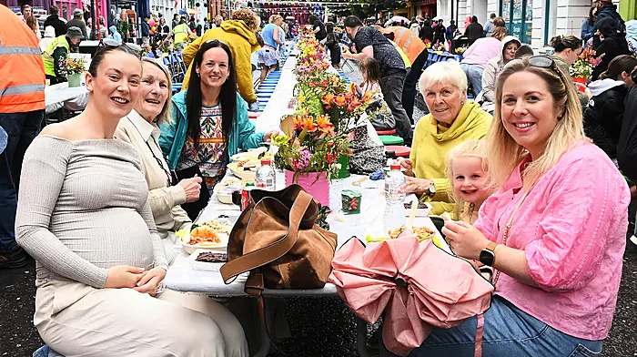 Jessica Shannon from Clonmel with Margaret O'Donnell, Judy Newman, Teresa Cullinane, Aoibhín Dromey and Sheila Dromey, all from Clonakilty, enjoying some food at the Clonakilty Street Carnival. (Photo: Martin Walsh)