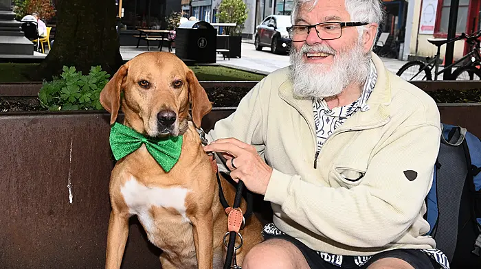 Stephen Berwind from Ballinascarthy and his dog Adelaide in Astna Square, Clonakilty.   (Photo: Martin Walsh)