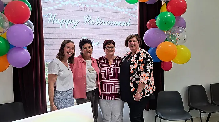 A large gathering assembled at Philips’ Green in Durrus last Sunday to mark the retirement of Josephine O'Donovan from the staff of the Muintir Bháire Community Pre-School. Included in the photo are past and present staff members from the pre-school including Katriona Callaghan, Jacinta Sullivan, Josephine O'Donovan and Katie Ward.